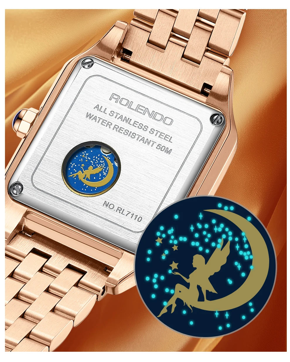 ROLENDO Luxury Gold Square Watch for Santos 33mm Diamond-Set Sapphire Crystal Roman Scale 5ATM Women's Automatic Wristwatch Gift