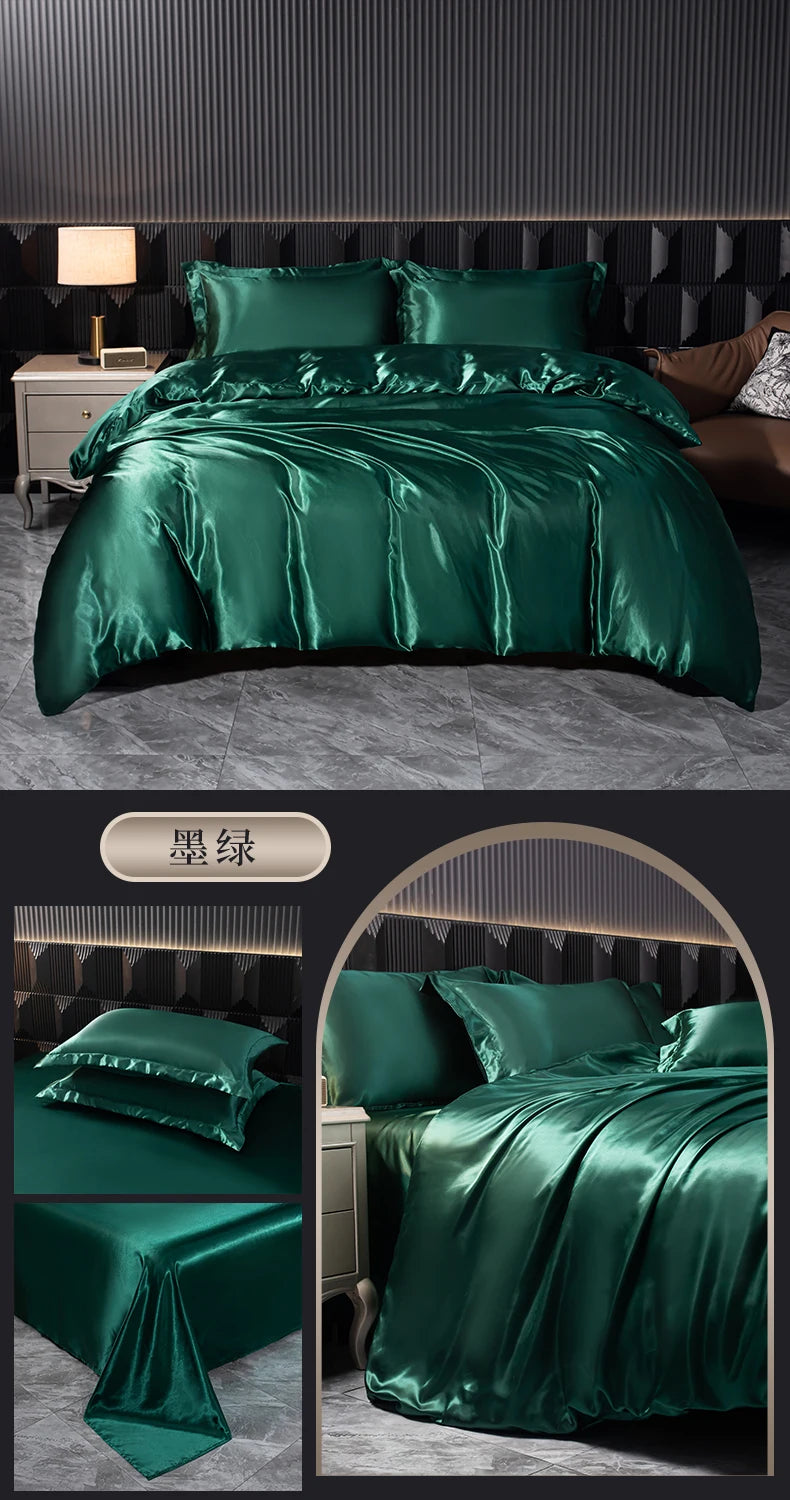 Solid Silk Bedding Set with Duvet Cover Bed Sheet Pillowcases Luxury Satin Single Double Bedsheet King Queen Twin Size