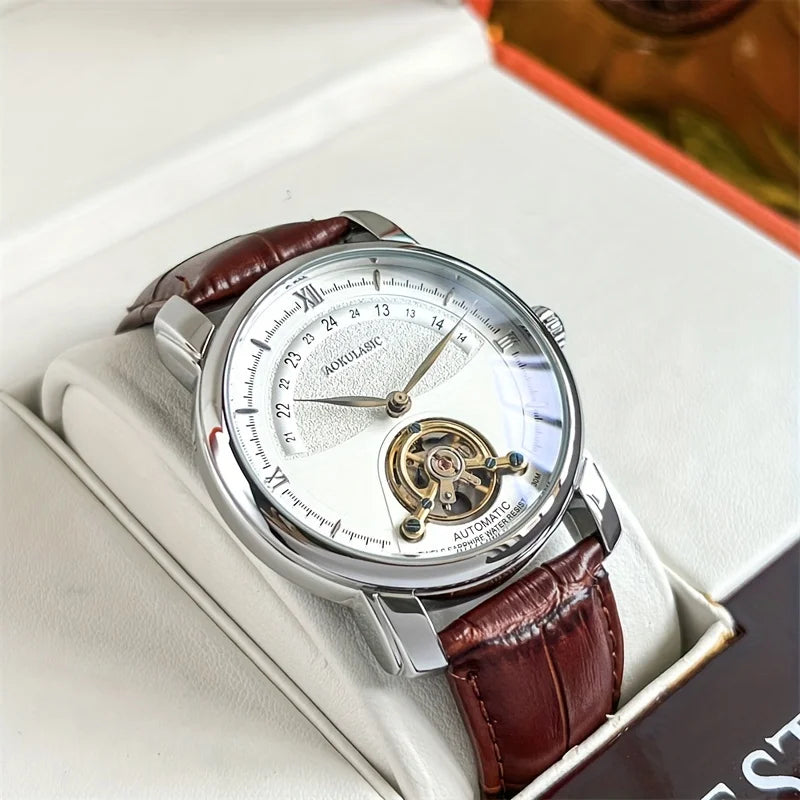 Luxury Men's Automatic Mechanical Watch - Fashionable Hollow Design, Fashionable Business Casual Style, Alloy Case and Leather Strap, No Battery