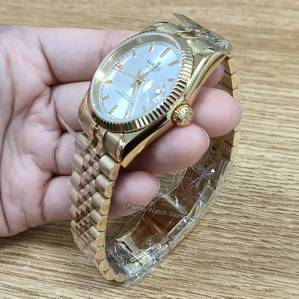 Parnis 36mm Gold Color Luminous Mark Automatic Men's Wristwatch 5 ATM Stainless Steel Jubilee Bracelet