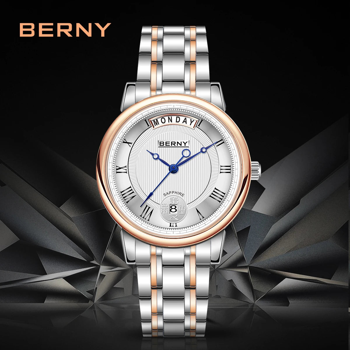 BERNY Women Watch Ladies Quartz Roman Numerals Day Date Calendar Watches Sapphire Glass Solid Steel Strap Women Wristwatch