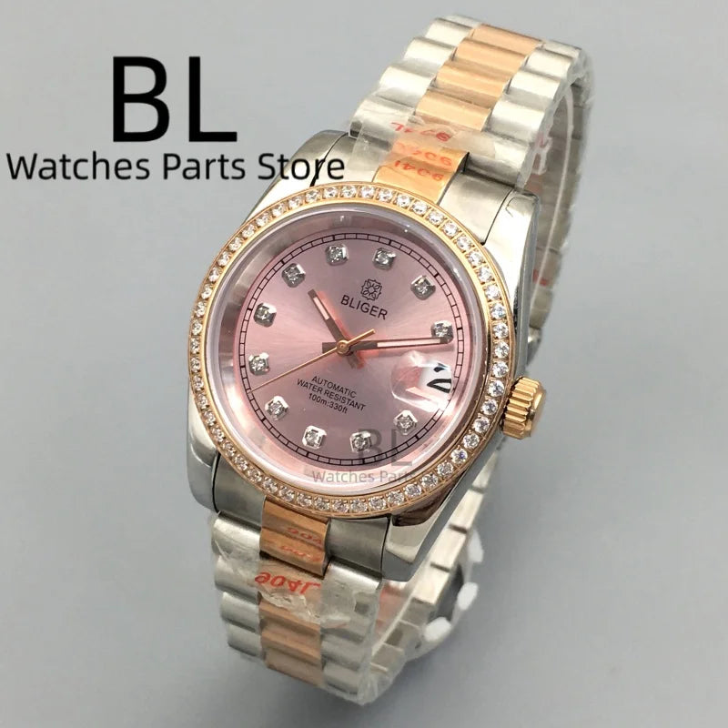 BLIGER Luxury Brown Dial Diamond Time Marks Watches For Men 36mm39mm Two Tone Rose Gold NH35 Movement Sapphire Glass Waterproof