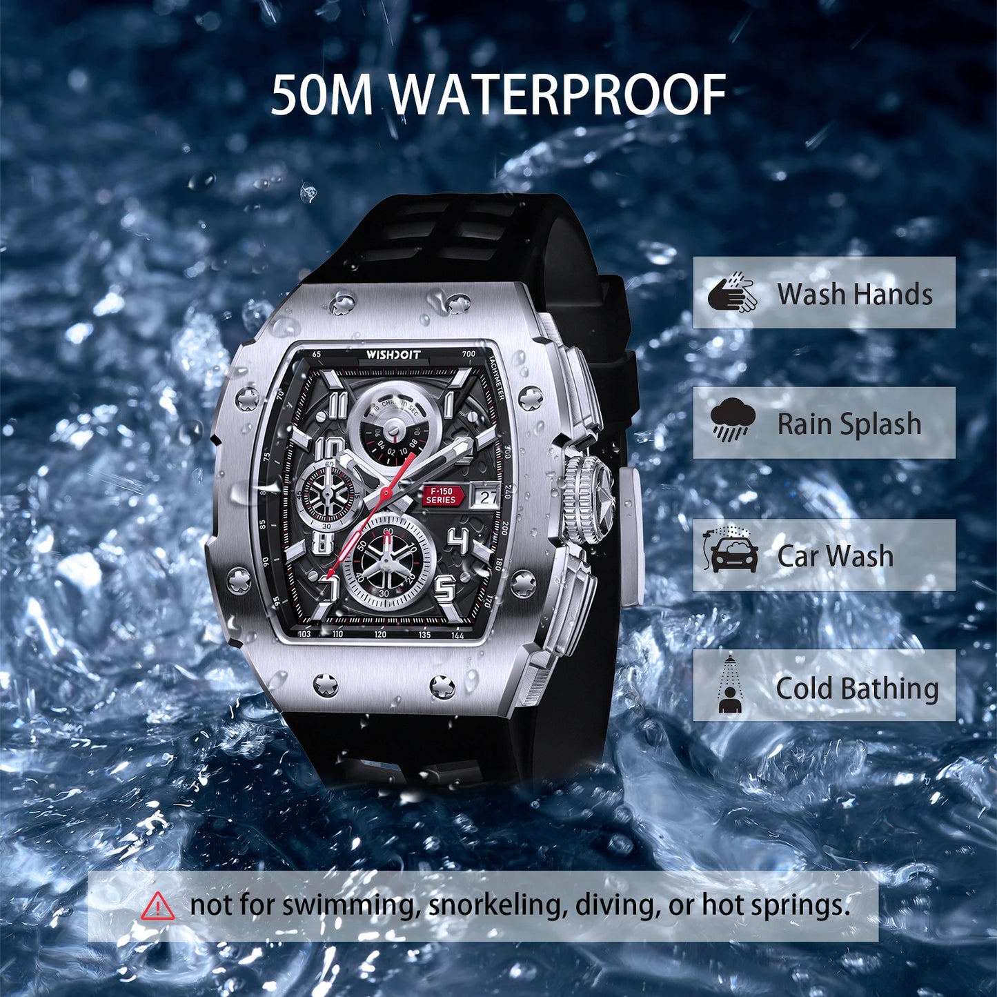 WISHDOIT NH35 Men's Chronograph Luxury Tonneau Design Features with Calendar Date Glowing 50m Depth Waterproof FKM Rubber Strap