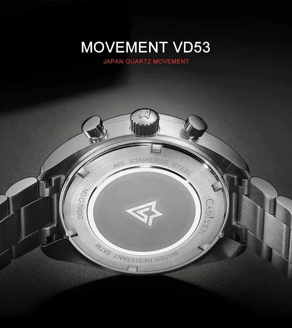 CADISEN Men's Sport Chronograph Watch Japan VD53 Movt Quartz Watches Sapphire Glass Stainless Steel Wristwatch For Men
