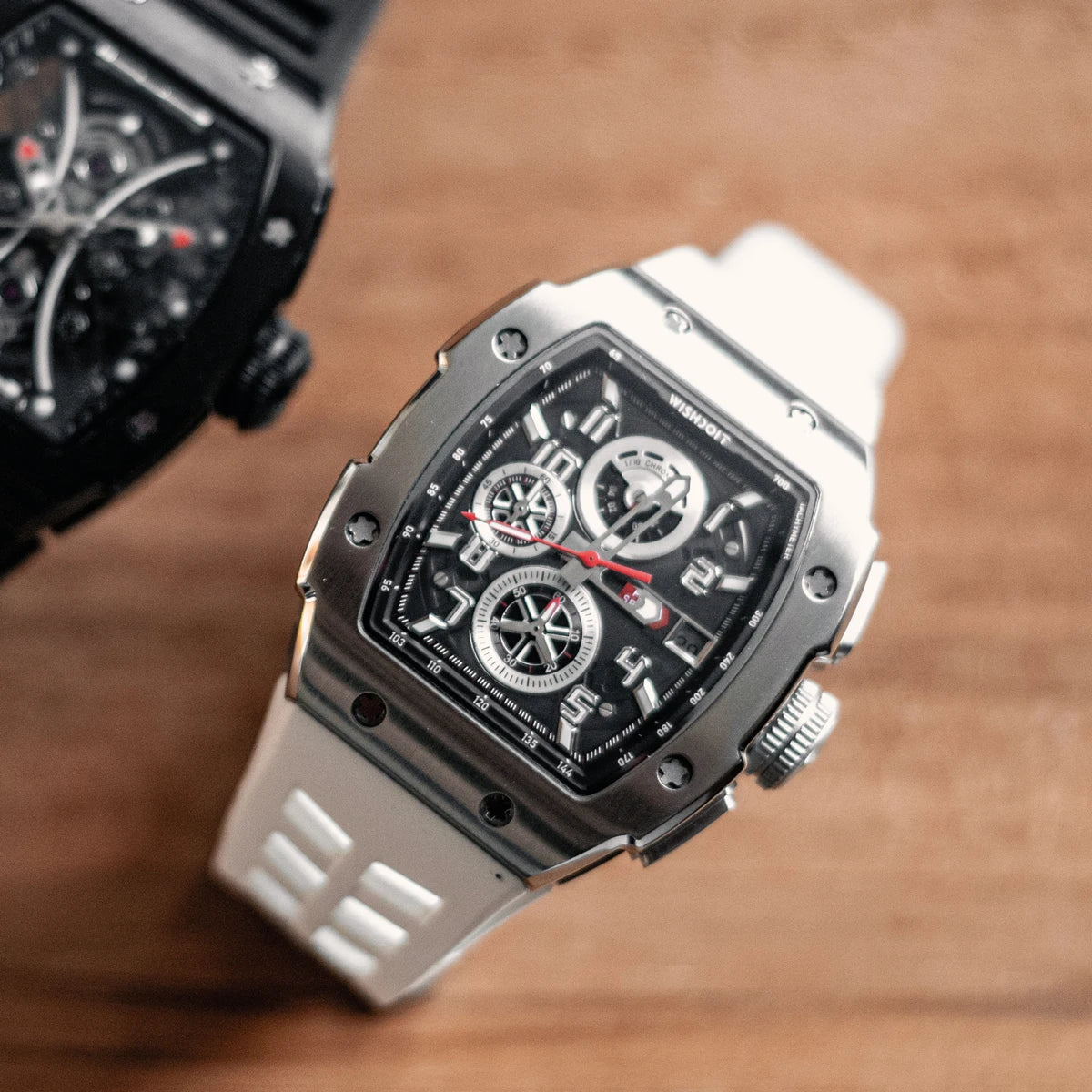 WISHDOIT NH35 Men's Chronograph Luxury Tonneau Design Features with Calendar Date Glowing 50m Depth Waterproof FKM Rubber Strap