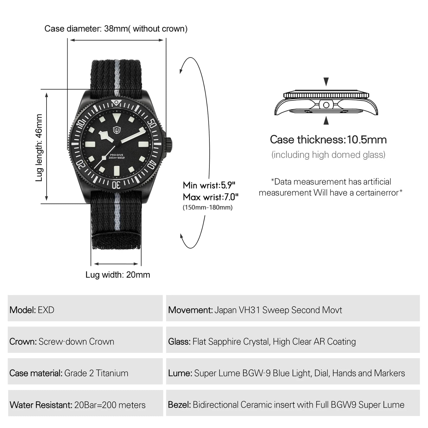 Watchdives EXD 38mm Titanium Watch Exchangeable X Design  VH31 Sweep Second Movement Quartz Watches Luminous  Waterproof  200M