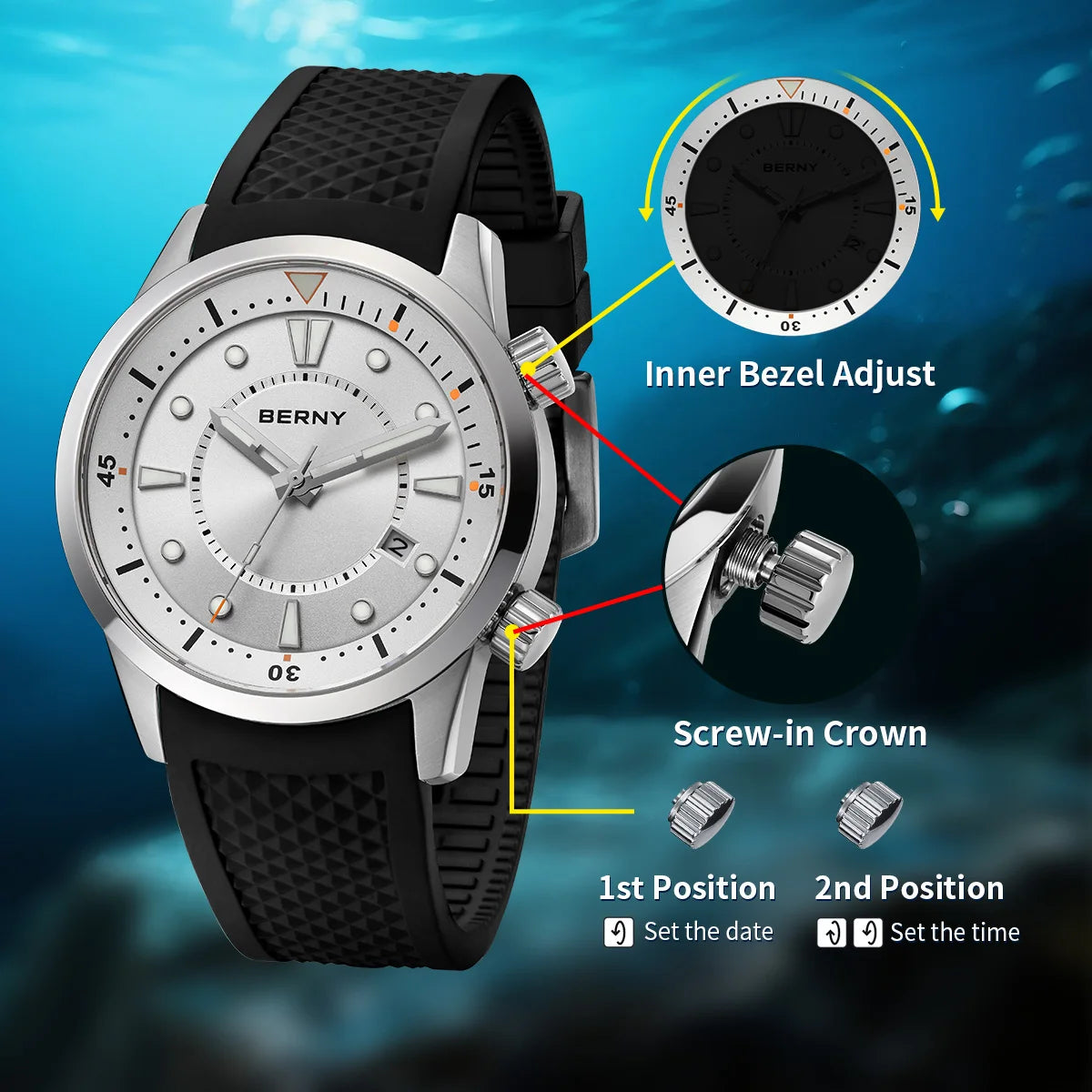 BERNY Automatic Diver Men Watch 200M Waterproof Miyota 8215 Sappire AR Coated Silicone Sports Swim Wristwatch Men's Diver Watch