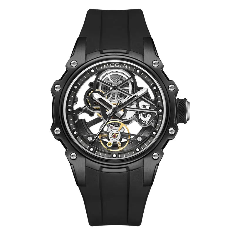 MEGIR Skeleton Dial Automatic Mechanical Watch Men Stainless Steel Case Waterproof Luminous Sport Wristwatch with Silicone Strap