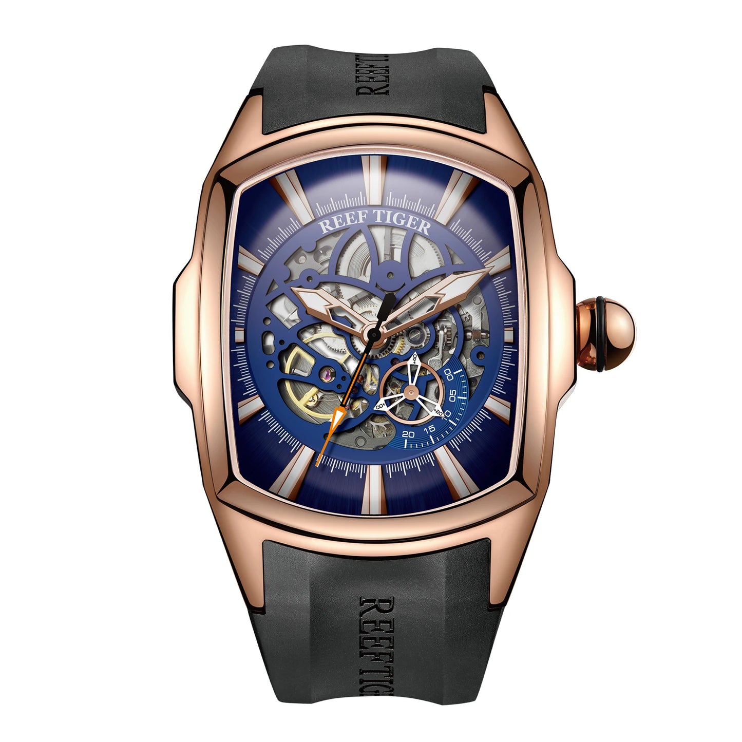 Reef Tiger Men's 316L Stainless Steel Skeleton Automatic Watch Wine Barrel Hollow Waterproof Mechanical Sport Watches RGA3069-S