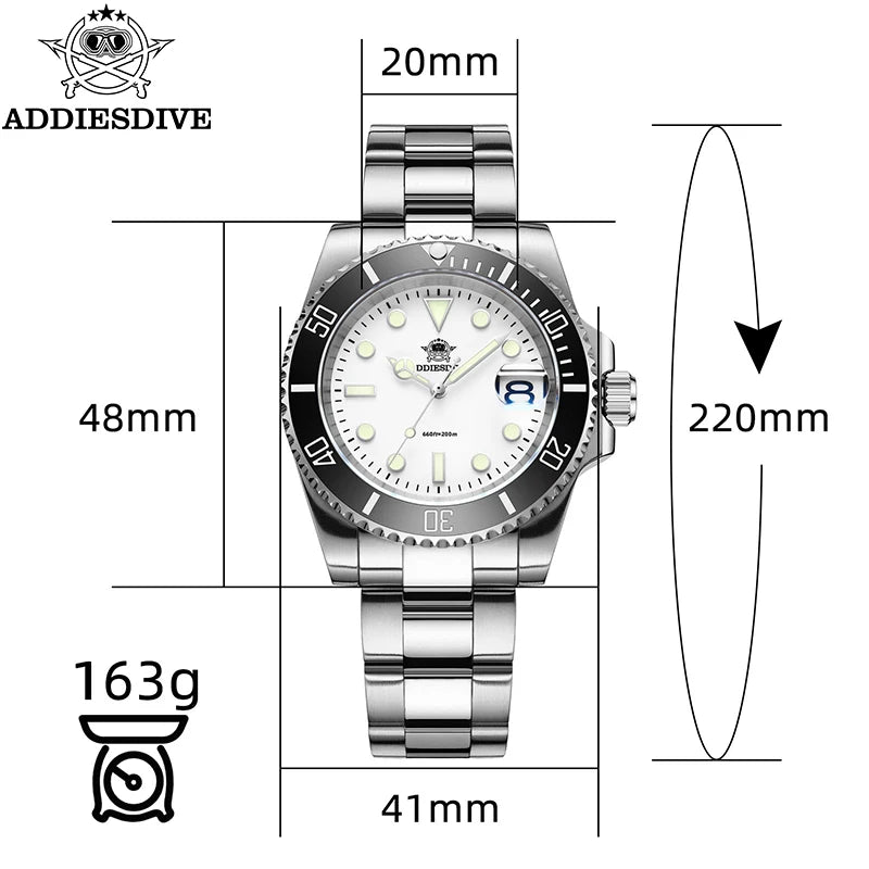 ADDIESDIVE High Quality Luxury Men Quartz Watch 20Bar BGW9 Super Luminous relógio masculino 316L Stainless Steel Dive WristWatch