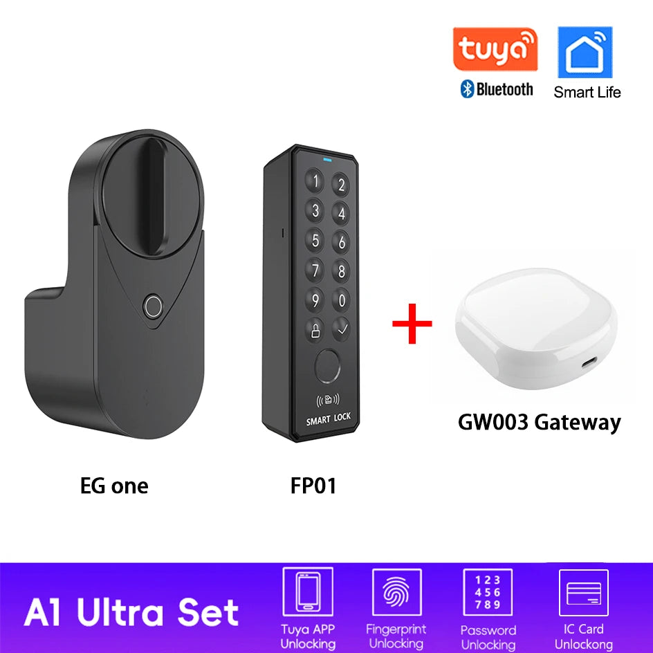 Smart lock with Tuya Bluetooth, fingerprint, password, and IC card unlocking; no drilling required for installation.