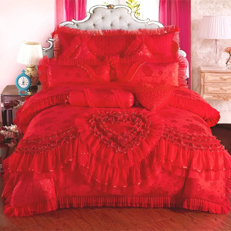 Red Jacquard Satin Cotton Bedding Set Luxury Heart-shaped Lace Princess Wedding Duvet Cover Bed Sheet Bedspread Pillowcases