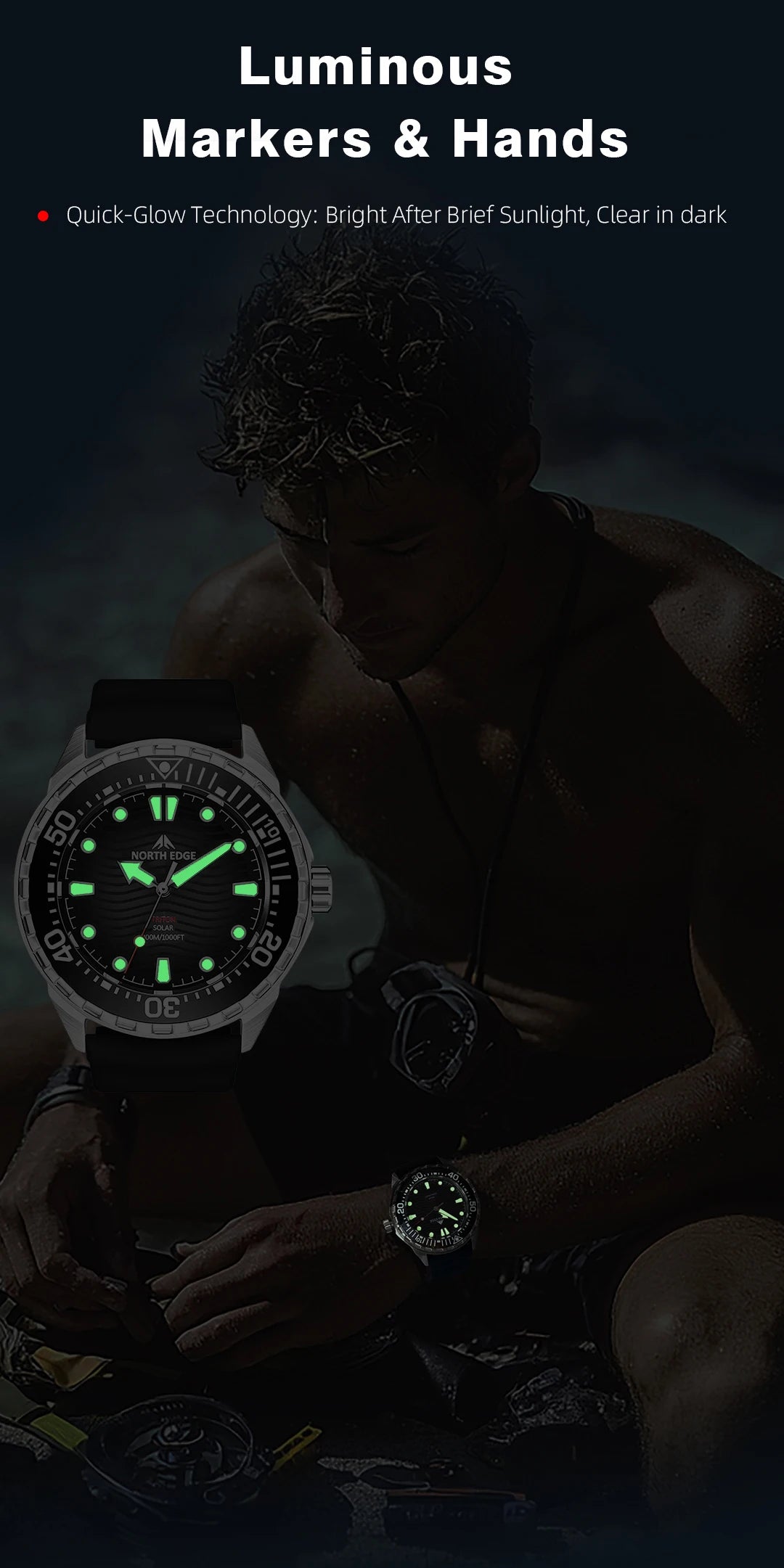NORTH EDGE 2025 New TRITON Solar Powered Dive Watch Men Luxury Quartz Watches For Men 316L Stainless Steel Case Waterproof 300M