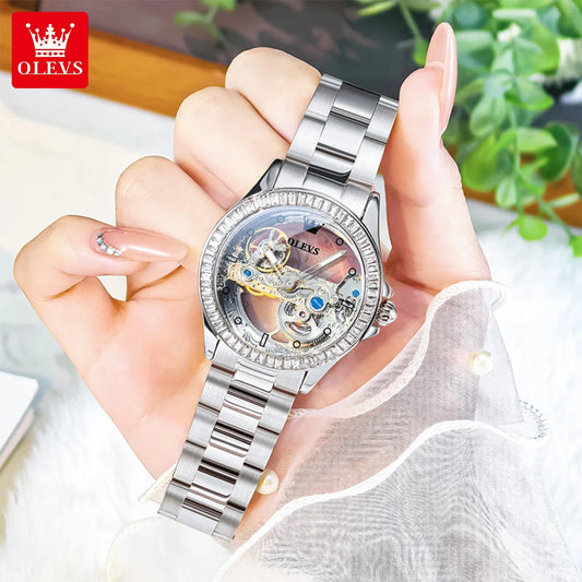OLEVS 6699 Fully Hollow Women Mechanical Watch Luxury Flywheel Diamond bezel Brand Top Watch Women Automatic Watch Reloj Mujer