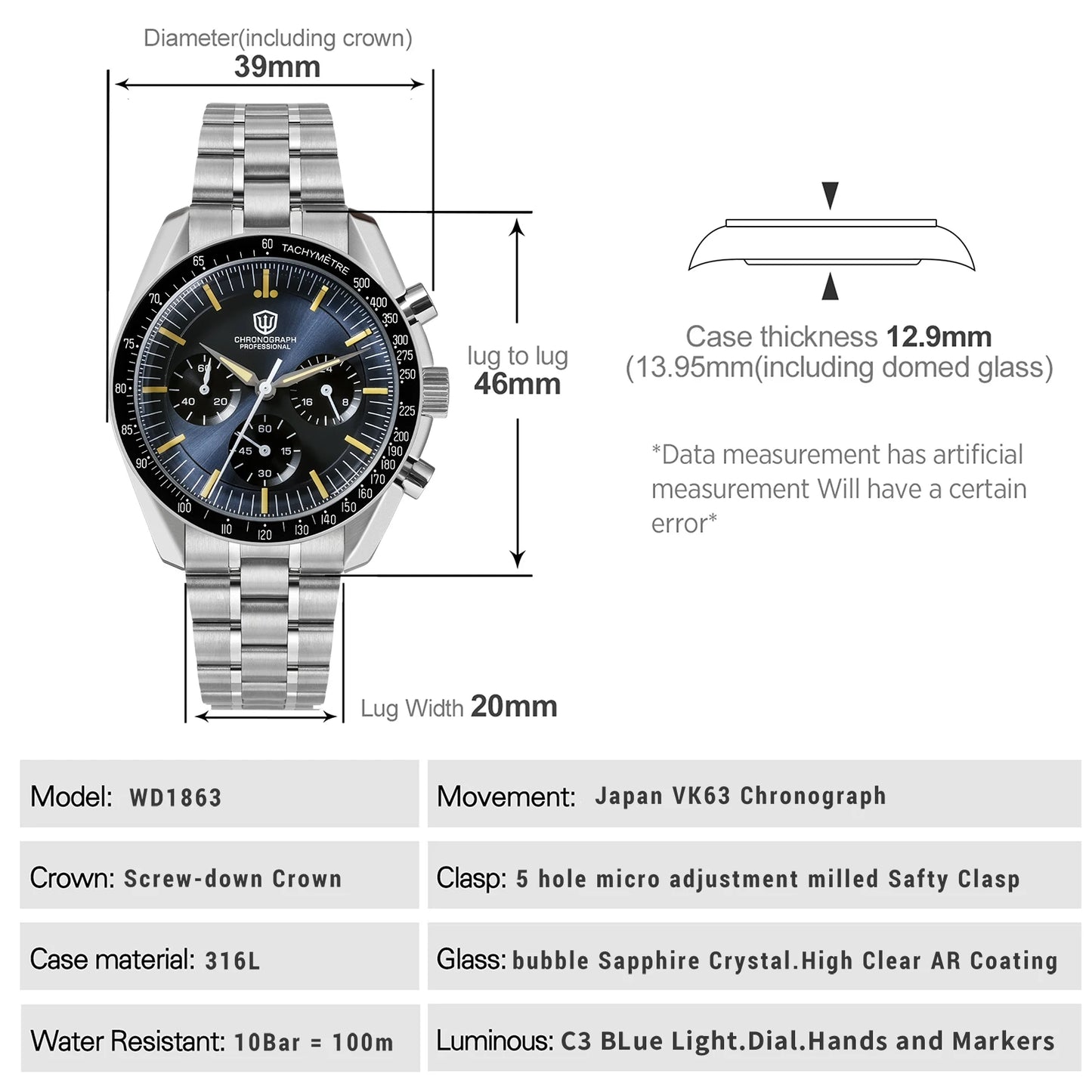 Watchdives WD1863 VK63 Quartz Chronograph Movement Bubble Sapphire Crystal 100m Waterproof Luminous 39mm Vintage Watches