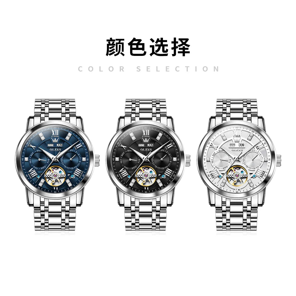 OLEVS Men's Watches Skeketon Flywheel Automatic Mechanical Original Wristwatch for Man Waterproof Luminous Perpetual Calendar