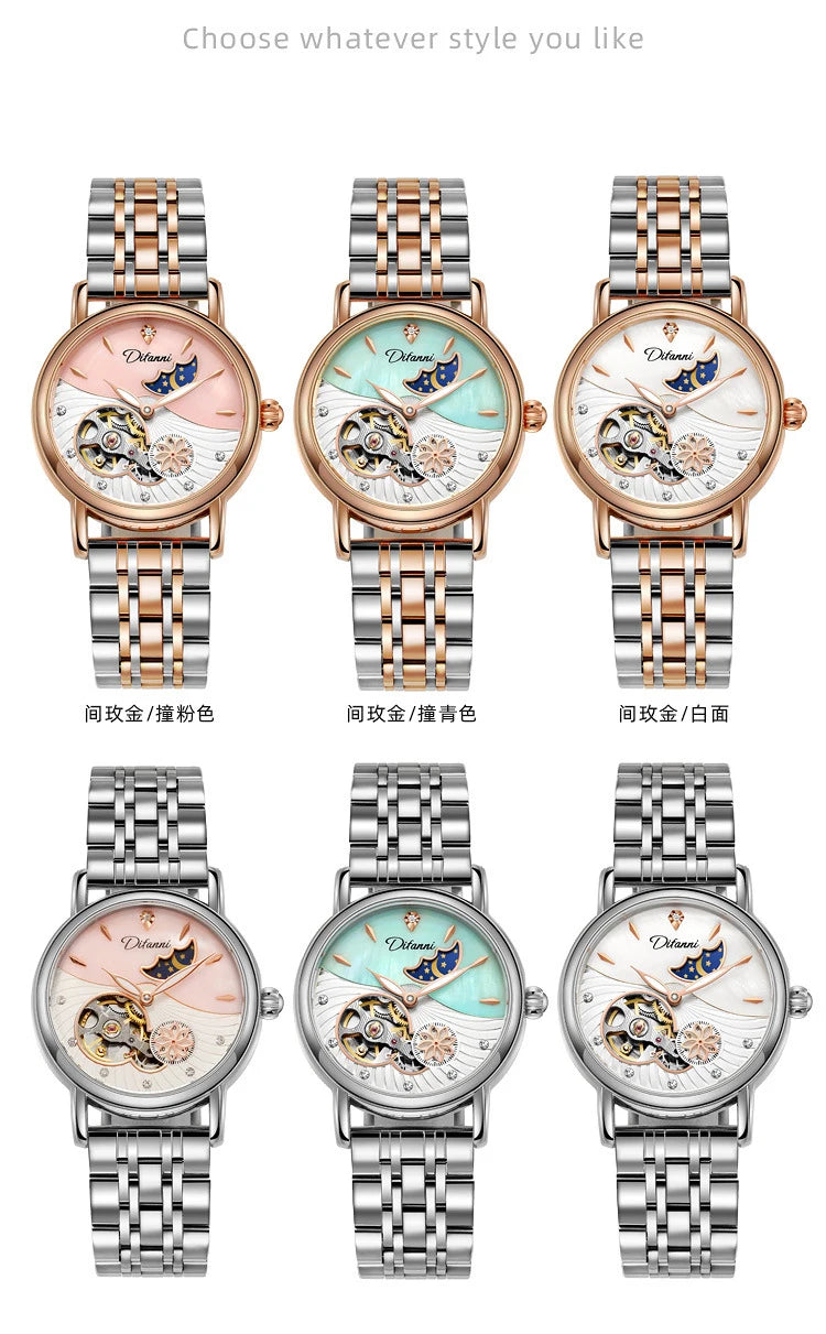 Lady Automatic Mechanical Watches Rotatable Flowers Female Watch Women Brand Luxury Fashion Moon Phase Waterproof Luminous Clock
