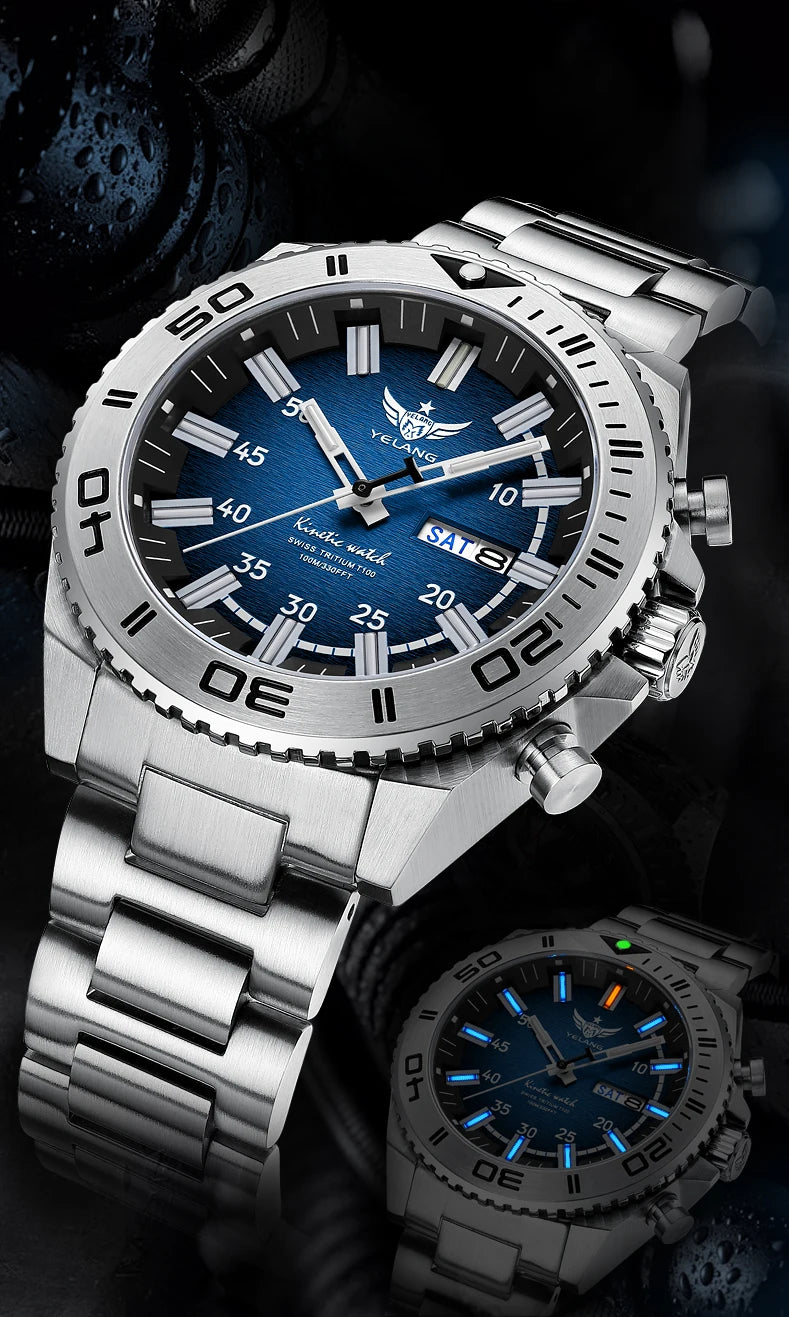 YELANG New Design Human Kinetic Energy Watches Waterproof 100m H3 Gas Self luminescent Nightlight 10Bar Diving Grade V1035