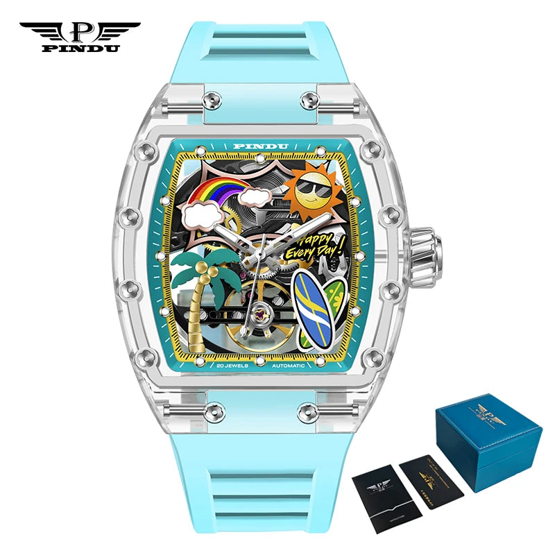New PINDU Watch Unique Dial Design Style Men Mechanical Watch Summer Beach Fashion Watch Glowing Waterproof Resin silicone strap
