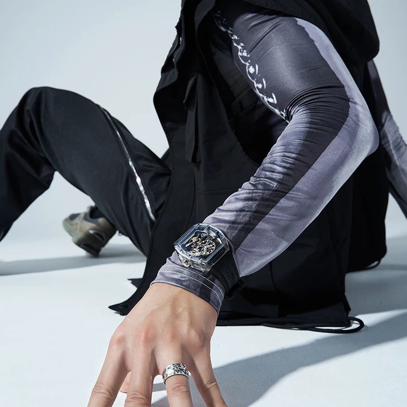 BONEST GATTI 2025 New Men Automatic Watch Tonneau Mechanical Wristwatch Acylic Case Sapphire Lume Hollow Out Dial Fluororubber