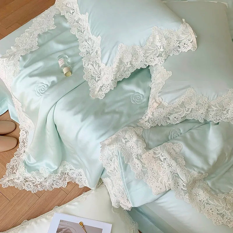 100%Eucalyptus Lyocell Cream White Lace Soft Silky Textured Wrinkle-Free Summer comforter Blanket 1Pc Flat sheet 2Pillow shams
