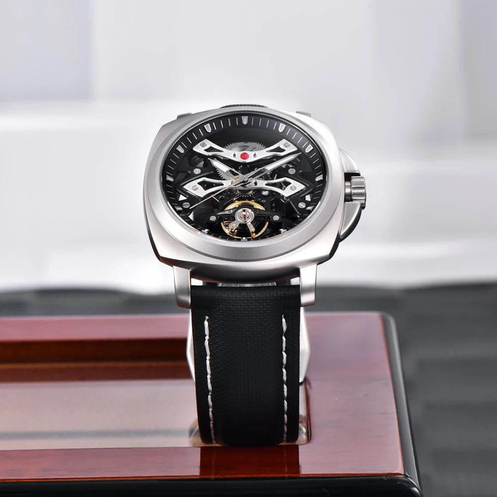 PAGANI DESIGN Herren Sportuhr, mechanische Automatik, quadratisches Design, Leder, wasserdicht, leuchtend, Geschenkidee für Feste, Herrenuhr + Box