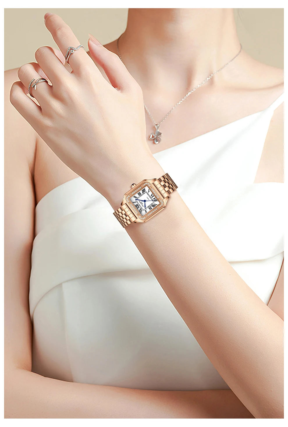 ROLENDO Luxury Gold Square Watch for Santos 33mm Diamond-Set Sapphire Crystal Roman Scale 5ATM Women's Automatic Wristwatch Gift