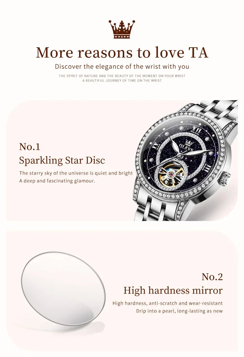 OLEVS Hollow Women's Watch Fully Automatic Mechanical Watch Luxury Diamond Inlaid Starry Sky Elegant Women's Brand Watch  7036