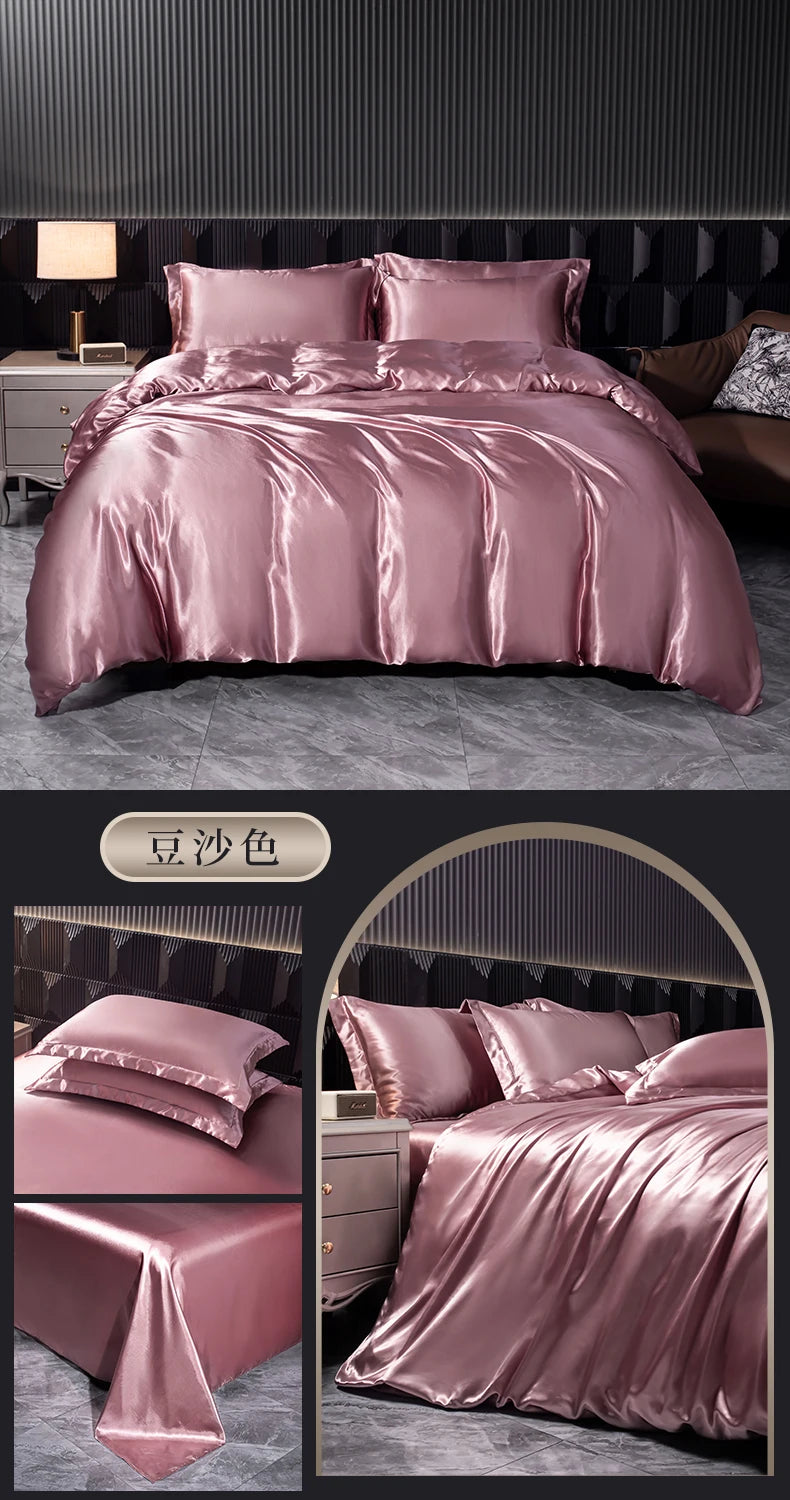 Solid Silk Bedding Set with Duvet Cover Bed Sheet Pillowcases Luxury Satin Single Double Bedsheet King Queen Twin Size