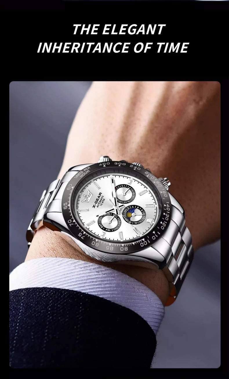 Montre mécanique automatique Panda Eye pour homme, lunette en céramique, trois cadrans, six aiguilles, étanche et lumineuse.