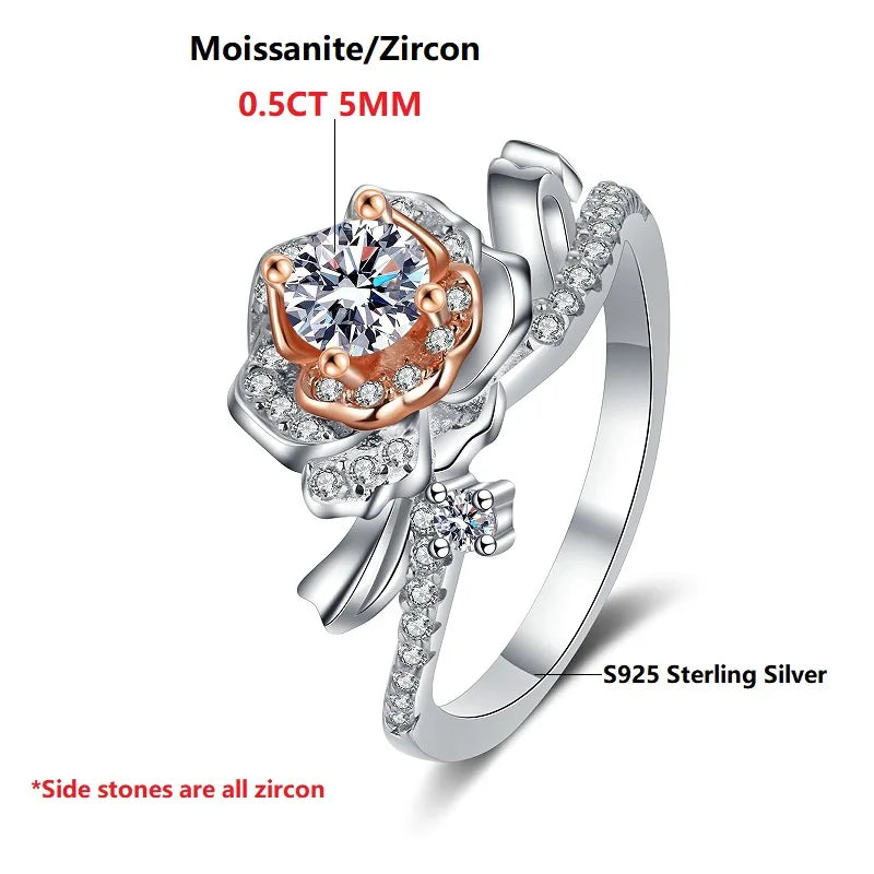 Halaile D Color Moissanite S925 Sterling Silver Rose Flower Ring Luxury Fine Jewelry Women Sparkly Bridal Wedding Gift
