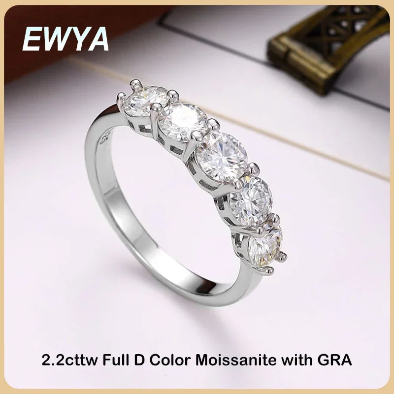 EWYA Real 5-Stone 2.2cttw Full D Color Moissanite Ring for Women Girls S925 Silver Plated 18K Pass Diamond Test Rings Band Gift