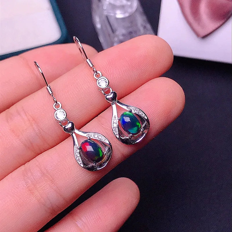 MeiBaPJ 5*7 Natural Black Opal Gemstone England Ear Drop Earrings for Women Real 925 Sterling Silver Charm Fine Wedding Jewelry