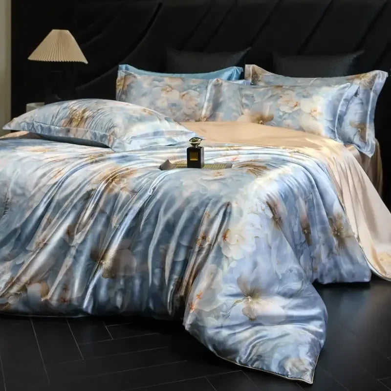 100% Natural Mulberry Silk Fitted Sheet Bedding Sets 3D Printed Satin Cooling Quilt Cover Set for Summer Single Double Bed Kit