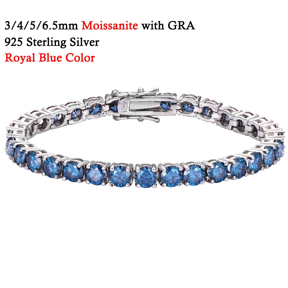 3/4/5/6.5MM Full Royal Blue Moissanite Tennis Bracelet for Women Men Original 925 Sterling Silver Wedding Party Jewelry with GRA