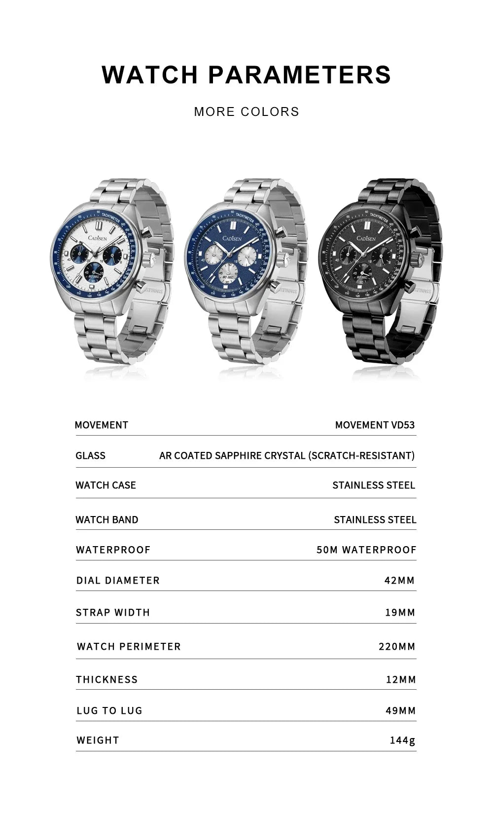 CADISEN Men's Sport Chronograph Watch Japan VD53 Movt Quartz Watches Sapphire Glass Stainless Steel Wristwatch For Men