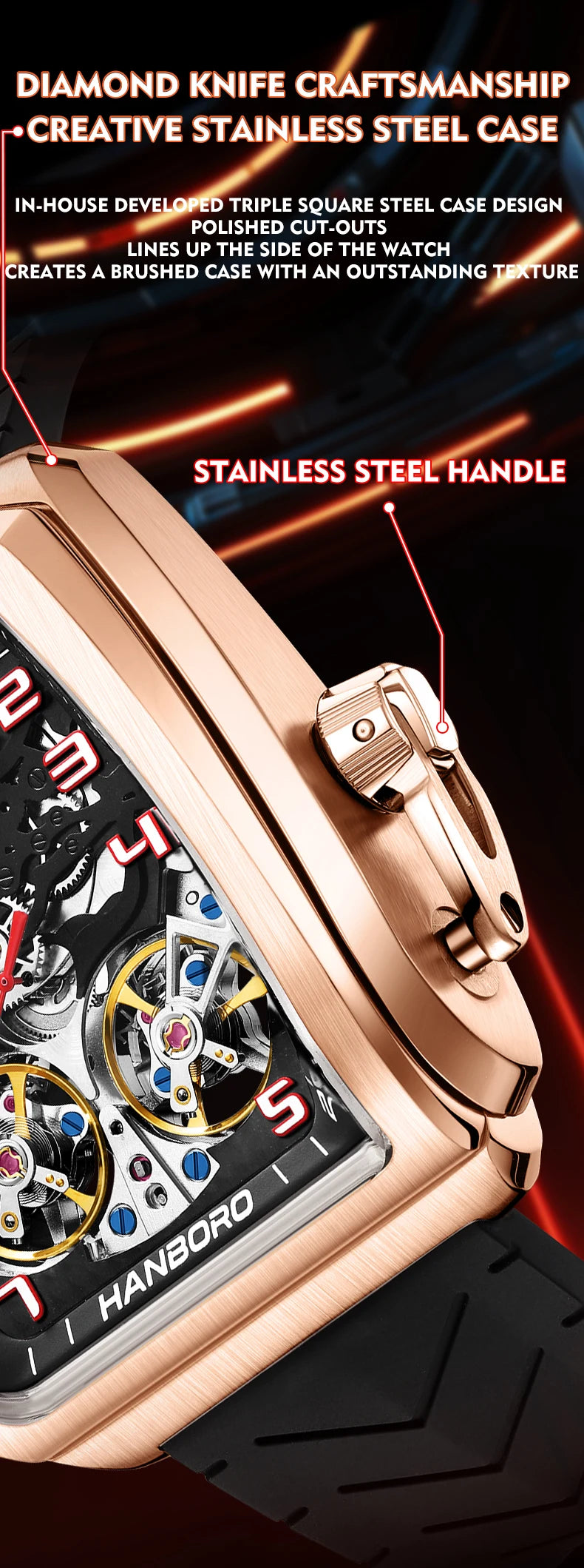 HANBORO fully automatic mechanical men's watch hollowed out wristwatch trend waterproof luminous watch