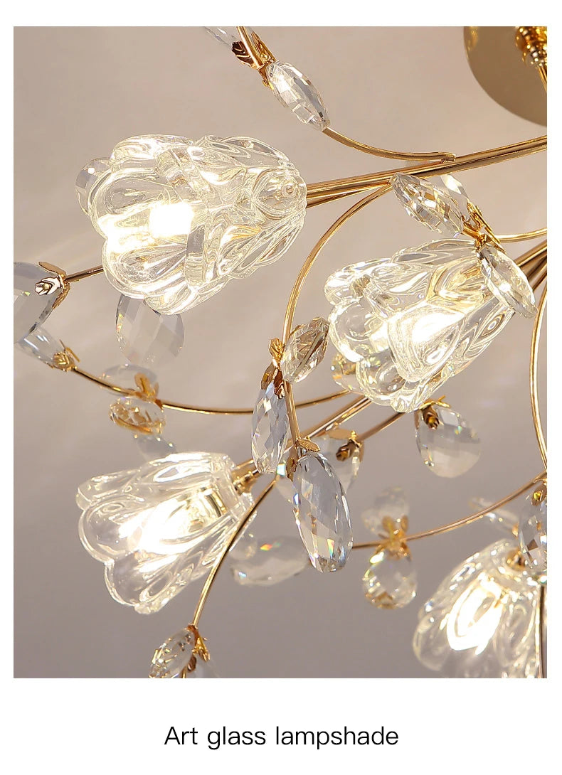 Luxury Crystal Flower Ceiling Light Gold LED Branch Tree Chandelier For Living Room Bedroom Villa Hotel Decor Bedside Wall Lamp