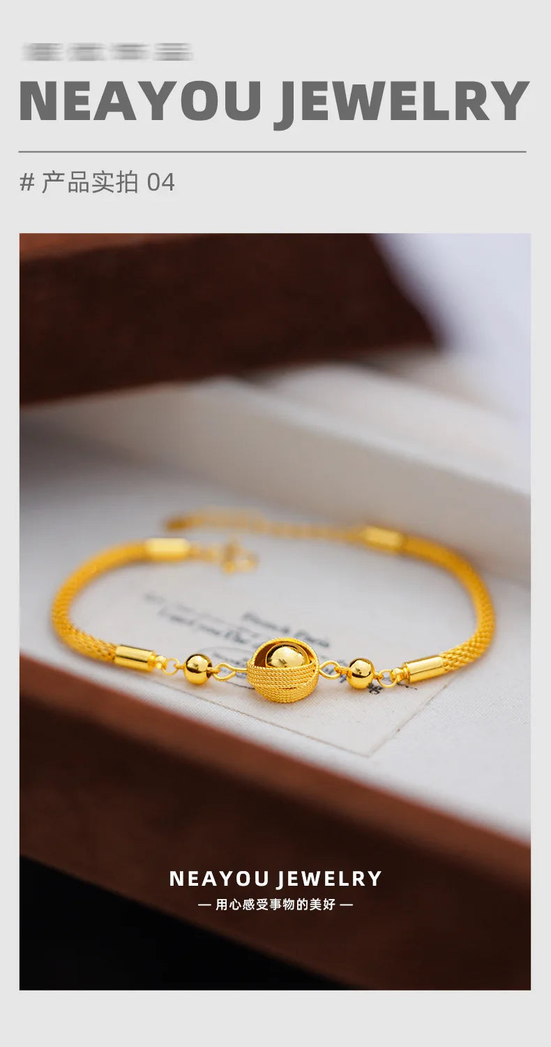 Women's Bird's Nest Lucky Bead Bracelet, 24K Gold, AU999 | "Stability" engraving with branch motifs, subtle professional charm.