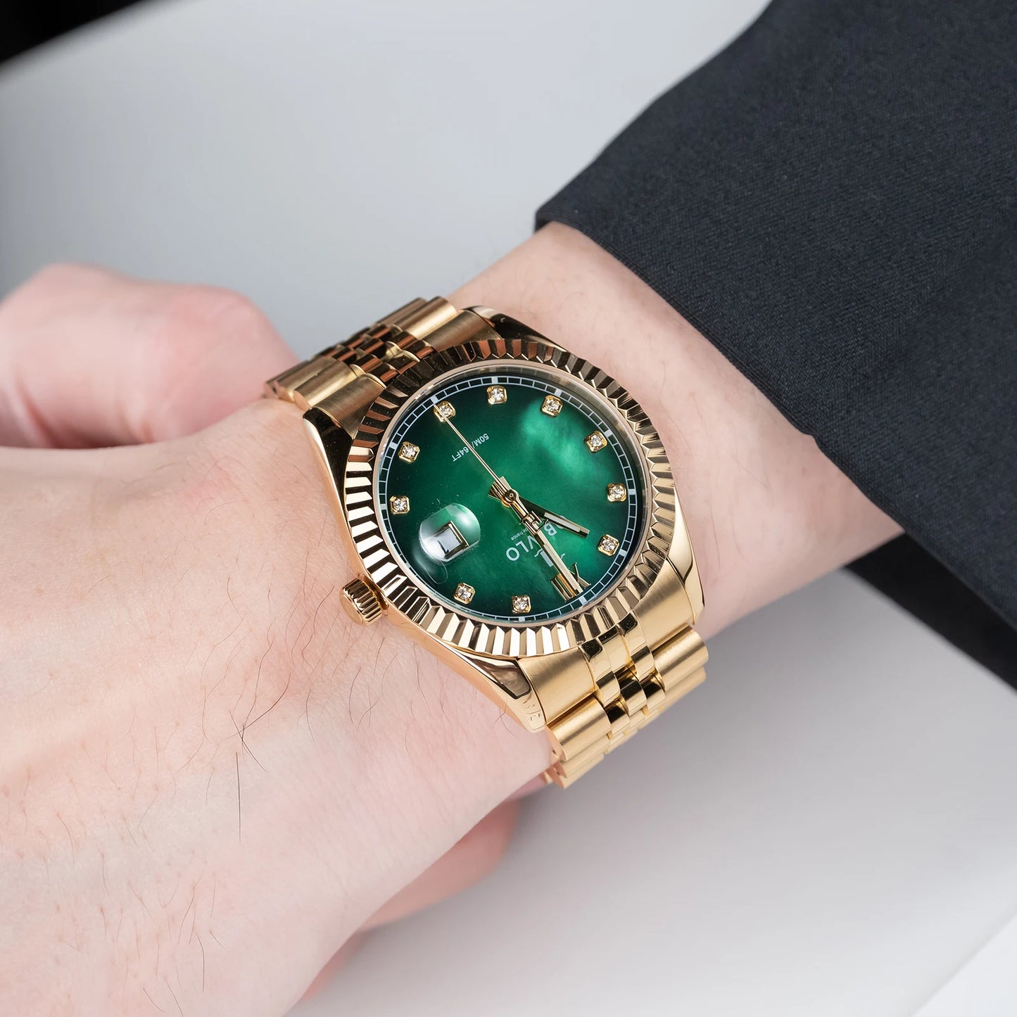 OBLVLO Men's Elegant Yellow Gold Red Dial Bracelet Quartz Watch with Date Fashion Green Dial Business Watches for Men RX-PE