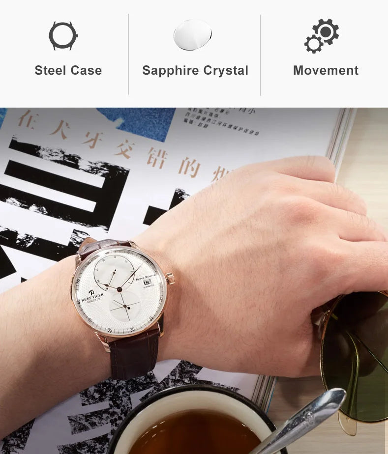 Reef-Tiger /RT Men Luxury Watch Rose Gold Mechanical Watch Brown Leather Strap Analog Watches Relogio Masculino RGA82B0