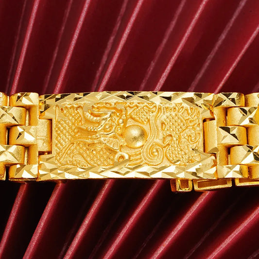 Luxury 24K 9999 Pure Gold real gold Men's Double Dragon Play Ball Flying Dragon in the Sky Bracelet