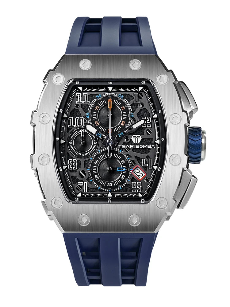 TSAR BOMBA Tonneau Mens Watches Sapphire Crystal Red Wristwatch Waterproof Chronograph Date Clock Luxury Christmas Gift for Men