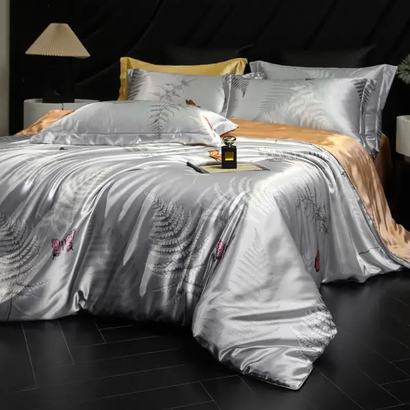100% Natural Mulberry Silk Fitted Sheet Bedding Sets 3D Printed Satin Cooling Quilt Cover Set for Summer Single Double Bed Kit