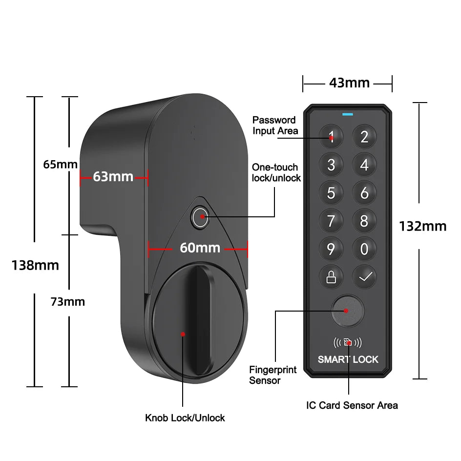 Smart lock with Tuya Bluetooth, fingerprint, password, and IC card unlocking; no drilling required for installation.