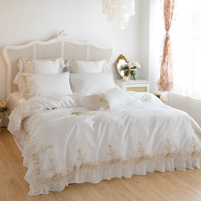 White Lace Embroidery Princess Bedding Set Luxury High End France Style Egyptian Cotton Duvet Cover Sets Bed Sheet Pillowcases