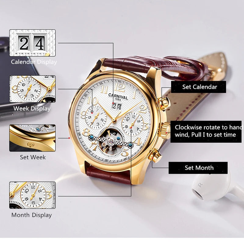Carnival Brand Luxury Tourbillon Watches Leather Calendar Week Month High-End Mechanical Watch Business Men Automatic Clock