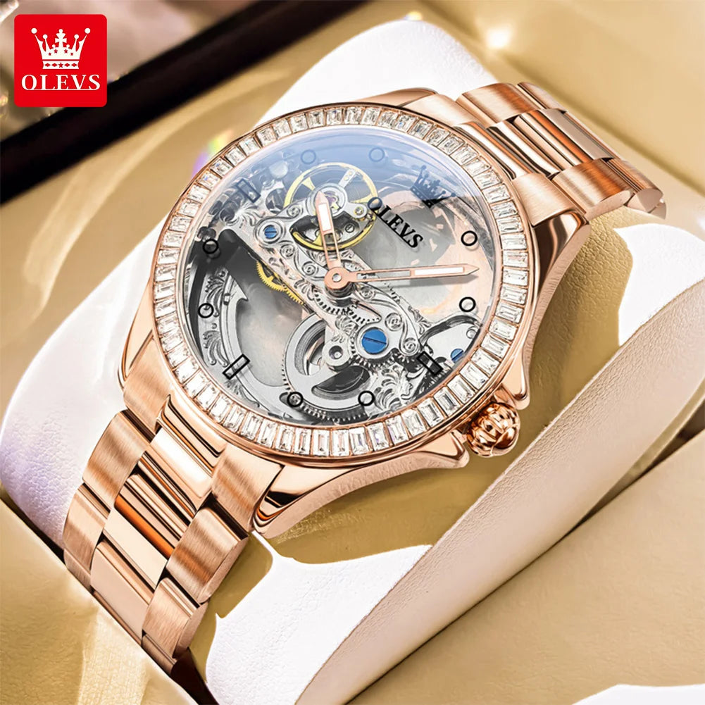 OLEVS 6699 Fully Hollow Women Mechanical Watch Luxury Flywheel Diamond bezel Brand Top Watch Women Automatic Watch Reloj Mujer