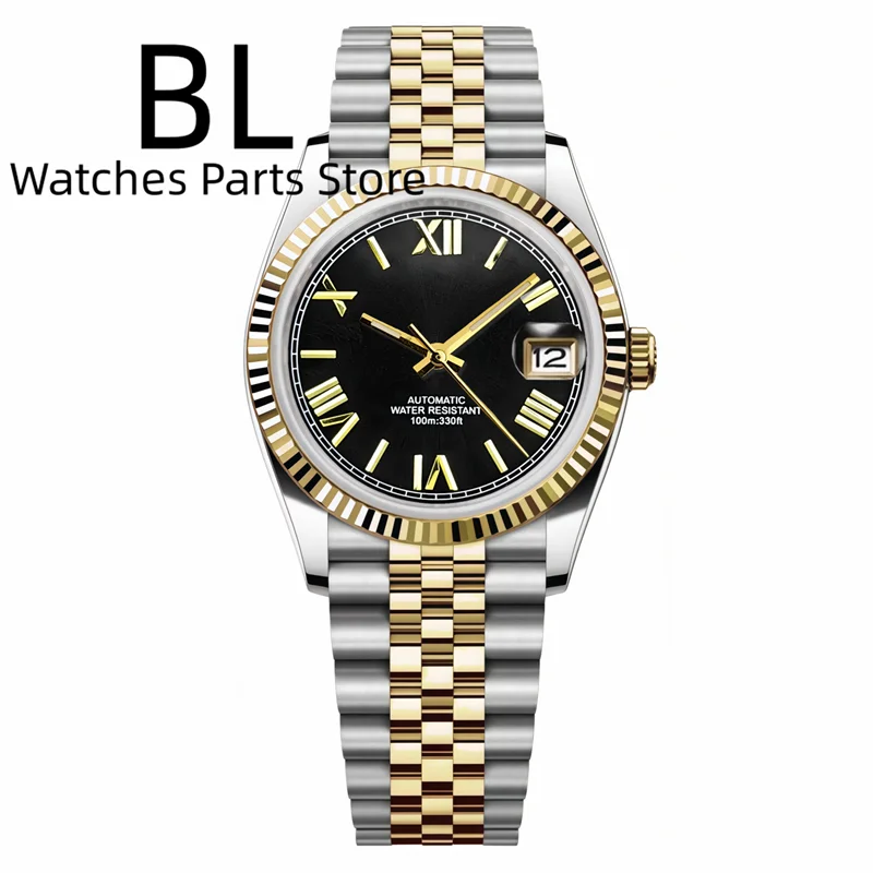 BLIGER 36mm39mm Two-tone Rose Gold Black Dial Watch For Men Date Fluted Bezel Sapphire Glass Rose Roman Index Jubille Bracelet