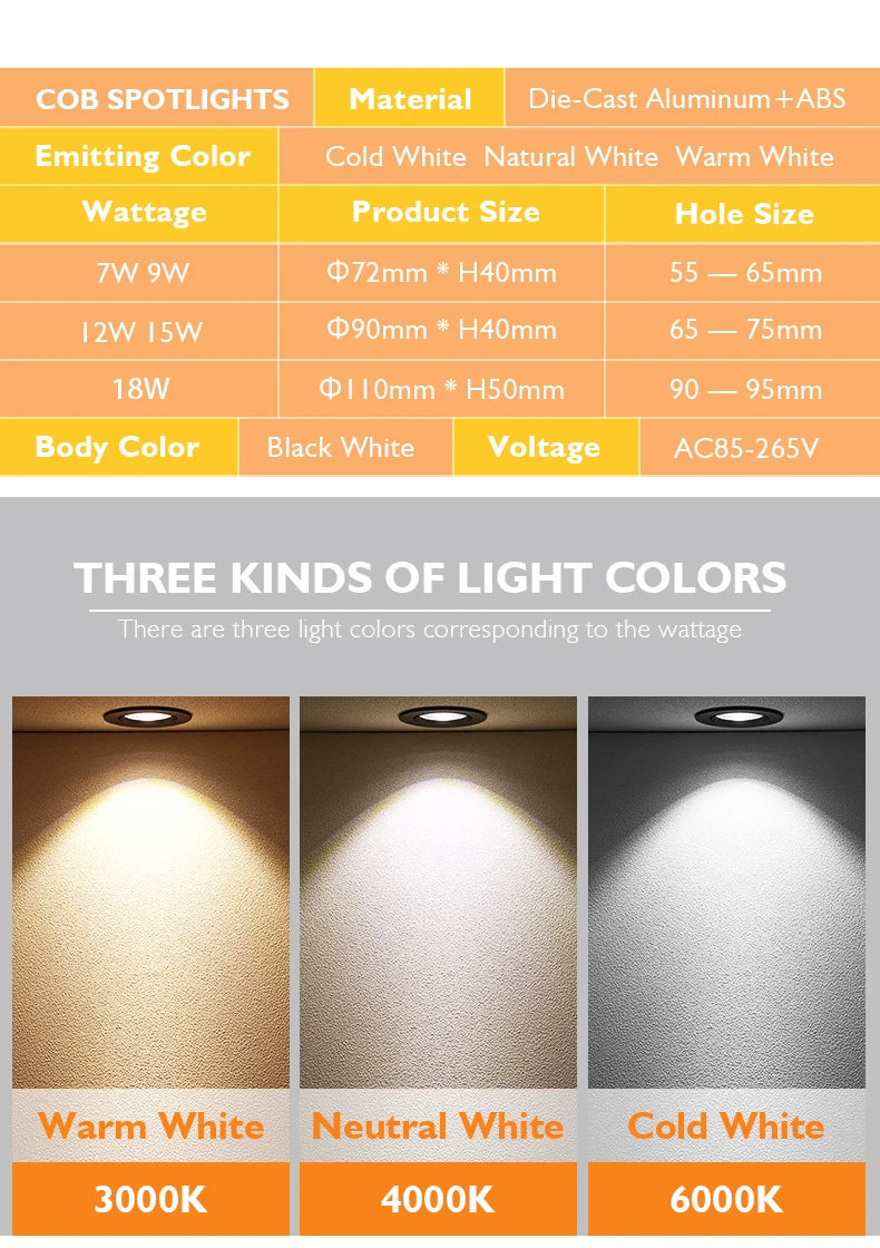 10Pcs LED Downlights 7W 9W Dimmable Spot Lights 12W 15W AC90V-260V 18W COB Chip Recessed Ceiling Lamps For Home Illumination
